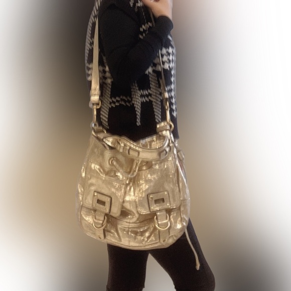 JUICY COUTURE Gold Leather Drawstring Animal Print Metallic Shoulder Bag Purse x - Picture 3 of 17